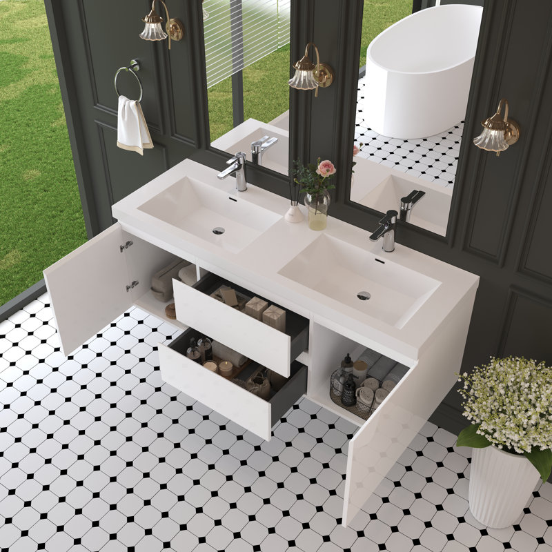 Ensemble de meuble-lavabo mural 60 po, Blanc lustré, Blanc lustré