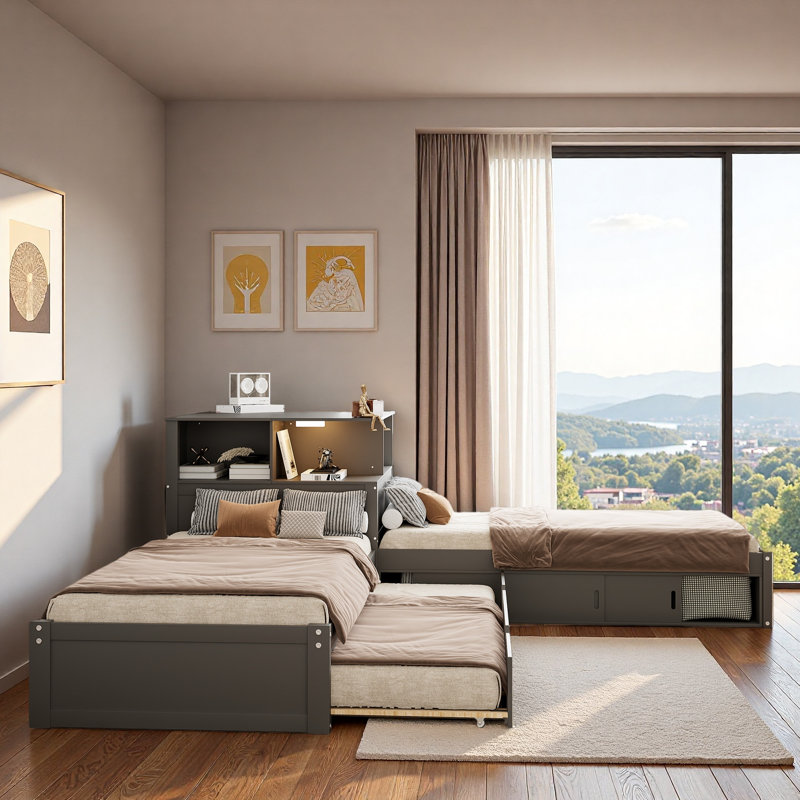 L-shaped Platform Bed With Storage Cabinets, Desk, Trundle And Led Light, Grey