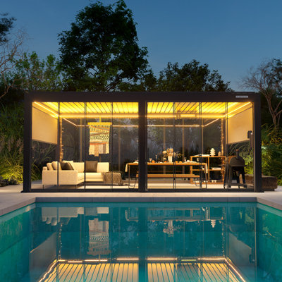 Flexpatio 20 Ft. W X 13 Ft. D Power+ Pro Motorized Outdoor Louvred Pergola W/ 2-Side Shades & 2-Side Sliding Glass Doors