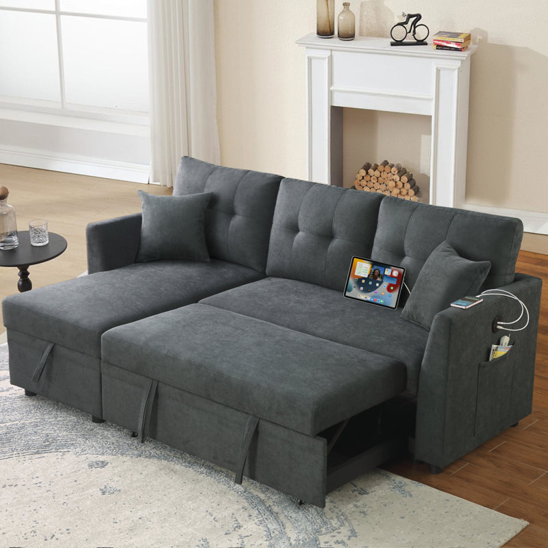 Canapé-lit modulaire en L avec canapé USB et port USB, canapé-lit réversible avec lit escamotable, méridienne avec rangement, canapé-lit pour salon