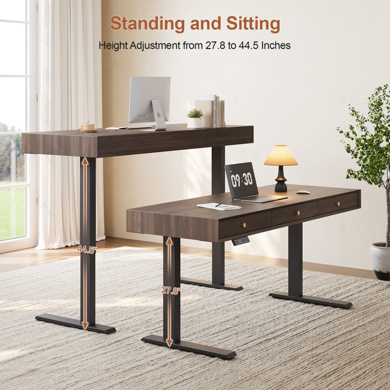 Electric Standing Desk With 3 Drawers, Height Adjustable Computer Desk, 44.49" H x 63" W x 23.62" D, Walnut