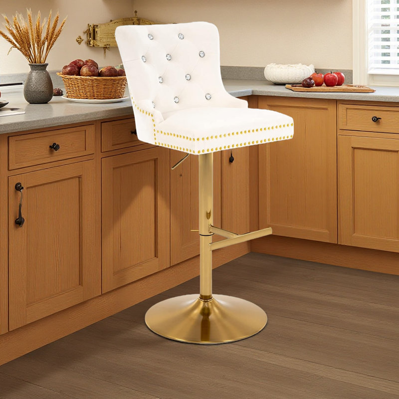 Tabouret de bar, fauteuil en velours avec fonction pivotante et base en métal, tabourets de bar en métal, Blanc / Doré