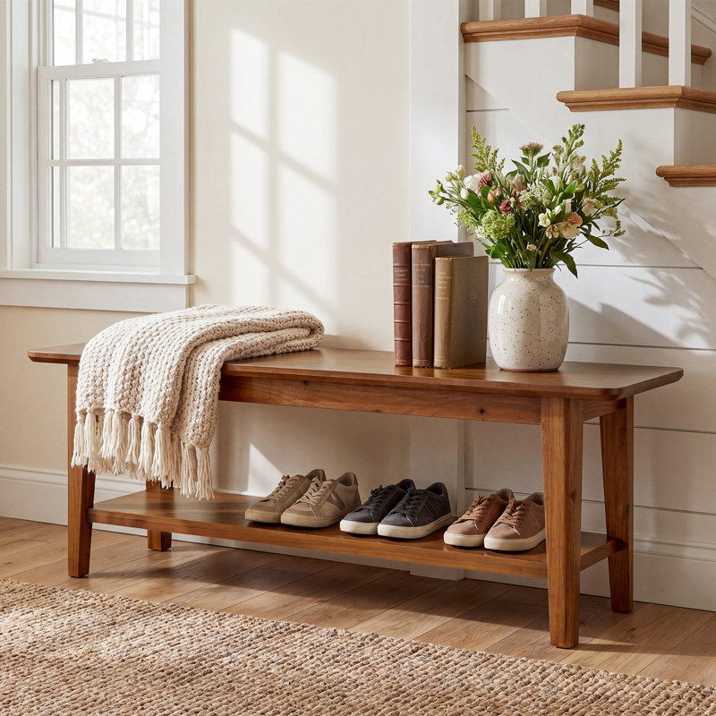 Upholstered Bench with Shelves