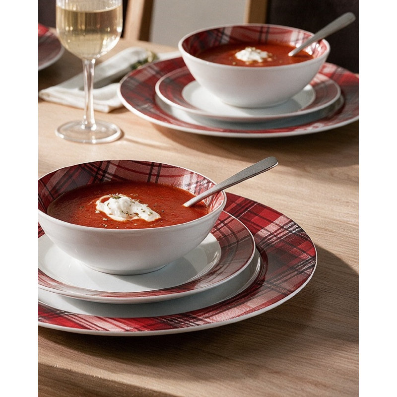 Waterside 12pc Porcelain Burgundy Tartan Dinner Set