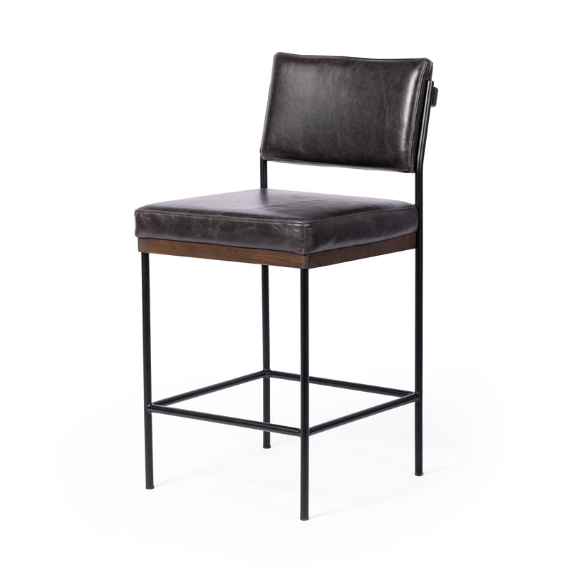 Benton Upholstered Stool with Metal Frame, Sonoma Black/Genuine Leather, Counter Stool (26.42" Seat Height)
