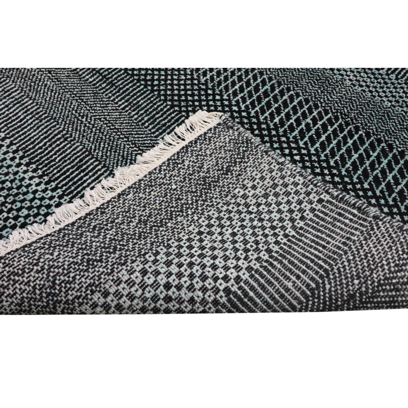 Hand-Knotted High-Quality Blue and Black Area Rug, Runner 2'8" x 9'10"
