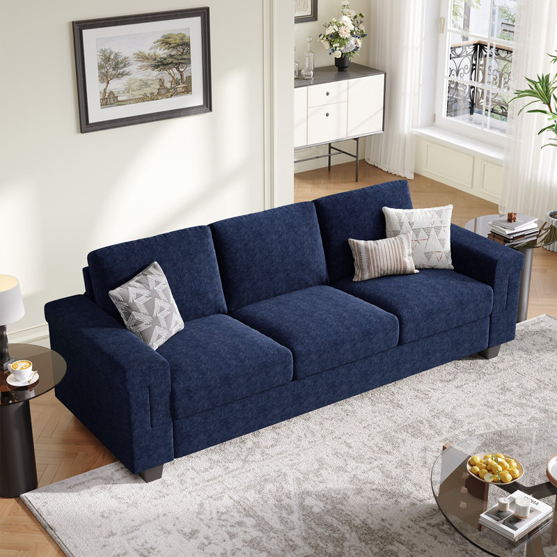 Canapé en polyester à accoudoirs carrés Dereon, Bleu, H 32,7 po x l 90 po x P 35 po