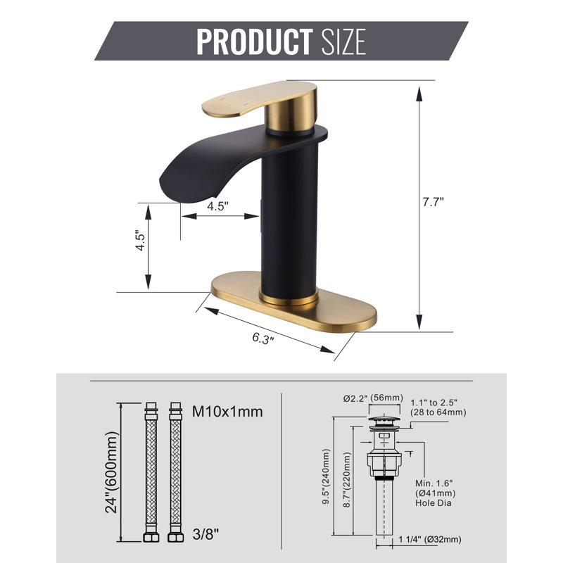 Single-Hole Single-handle Bathroom Faucet with Drain Assembly, Black/Gold