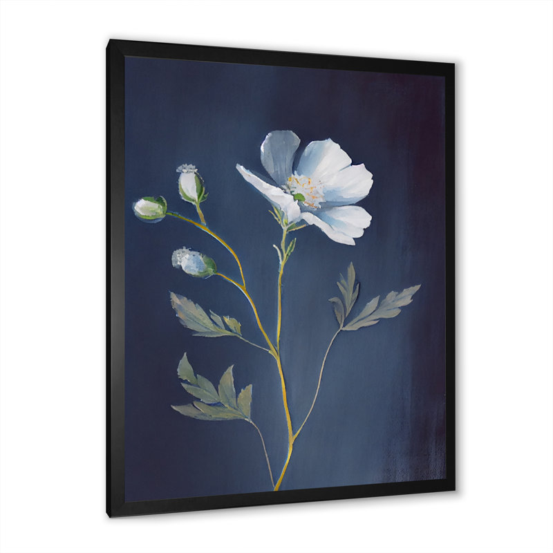 «Simple White Blooming Wildflower on Retro Blue III», reproduction sur toile, H 20 po x l 12 po x P 1 po, Cadre photo noir