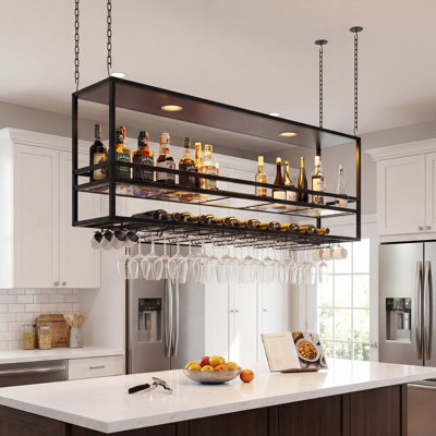 2-in-1 Hanging & Wall-Mounted Wine Rack with Glass Holders, 3-Tier Industrial Bar Shelves with LED Light, Metal Wine Bottle & Glass Rack with Fence Design for Home, Bar, Kitchen