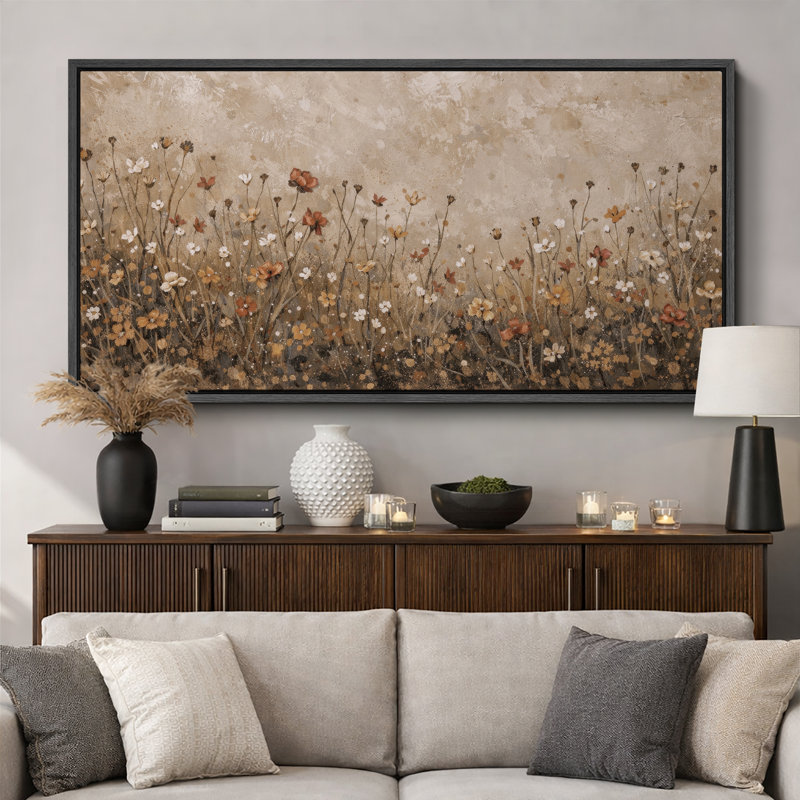 Autumn Wildflower Meadow Artwork, Living Room Pictures, Framed Canvas Giclee Print Wall Art, Black Floater Frame