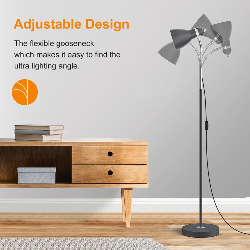  Metal Floor Lamp, Adjustable Gooseneck Standing Lamp, E26 Lamp Base, Sandy Black