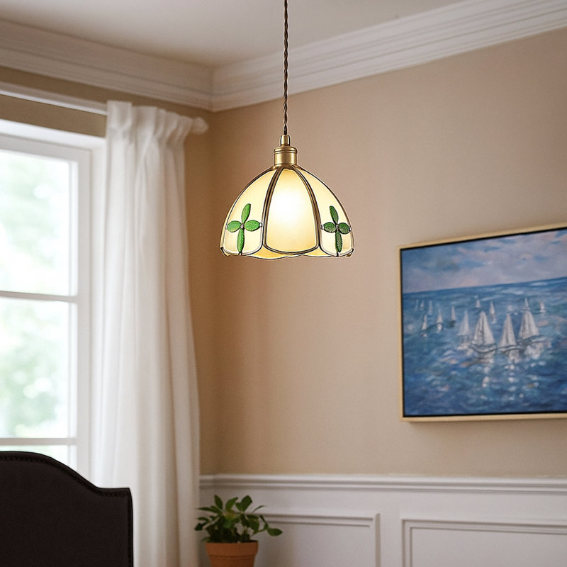 Luminaire suspendu en verre trèfle 7,9 pouces, finition cuivre, cordon de suspension réglable