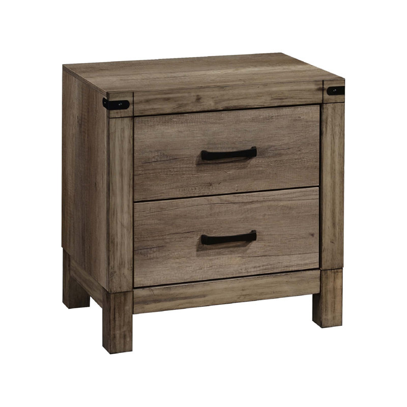 Grande table de chevet contemporaine à deux tiroirs avec structure en bois massif et finition en mélamine rustique pour chambre à coucher