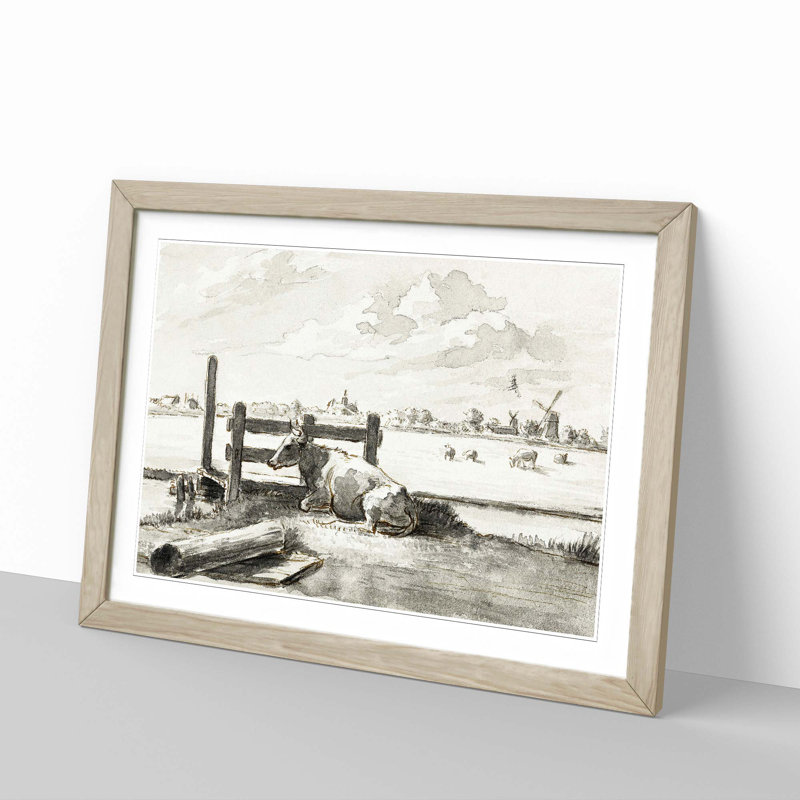 Field of Cows by Jean Bernard - Picture Frame Drawing Print, 27cm H x 36cm W x 2cm D, Oak Framed