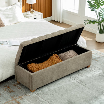 60.2'' Wide Chenille Upholstered Storage End of Bed Bench, Tufted Flip-Top Accent Window Bench Footrest Stool Ottoman with Legs for Living Room, Bedroom, Entryway, Dining Room, Dorm, Corner, Taupe