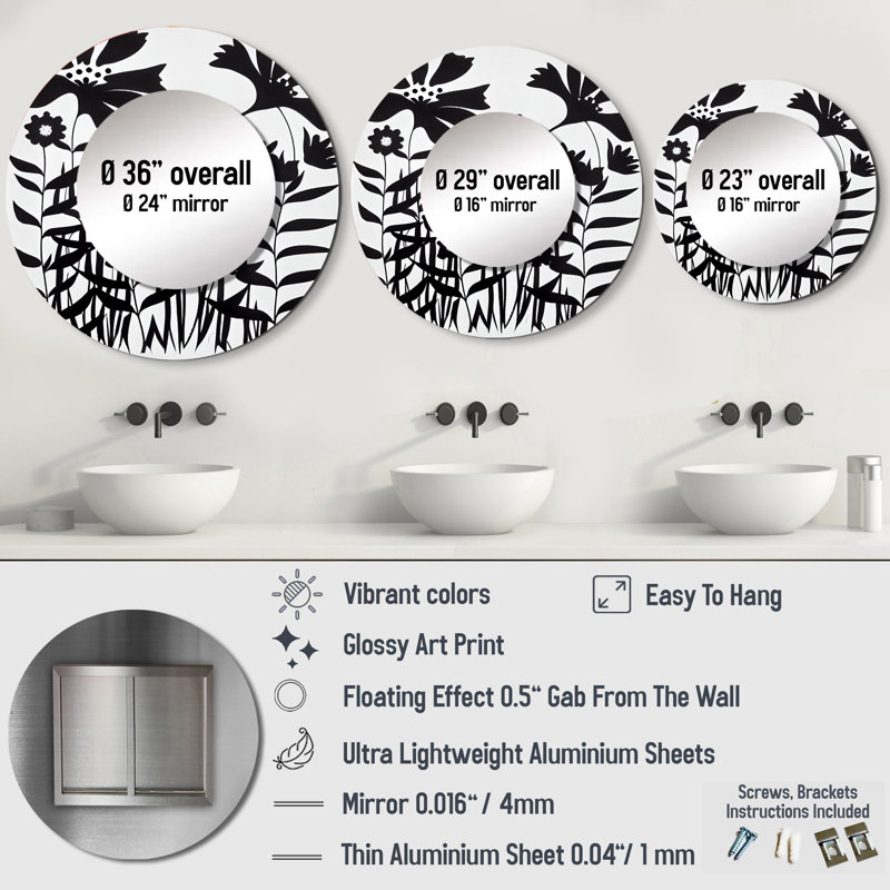 Noir et blanc graphique fleurs V - miroir mural floral, miroir décoratif rond blanc, impression d'art en métal, 29 po x 29 po