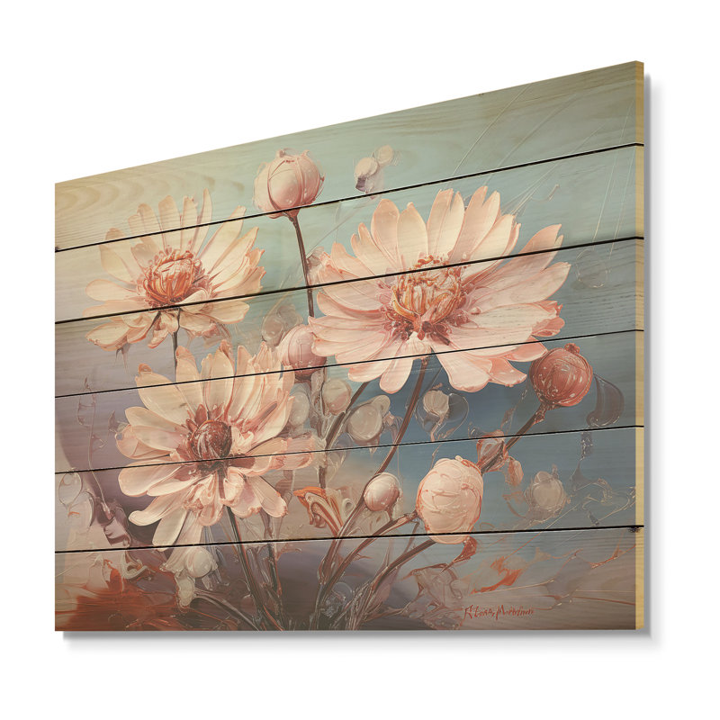 «Pink Mums», art liquide, champ de fleurs, art mural en bois sur bois de pin naturel, H 10 po x l 20 po