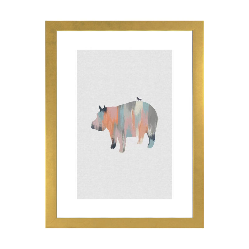 Pastel Hippo - impression d'art graphique, H 24 po x l 16 po x P 1 po, Papier encadré doré
