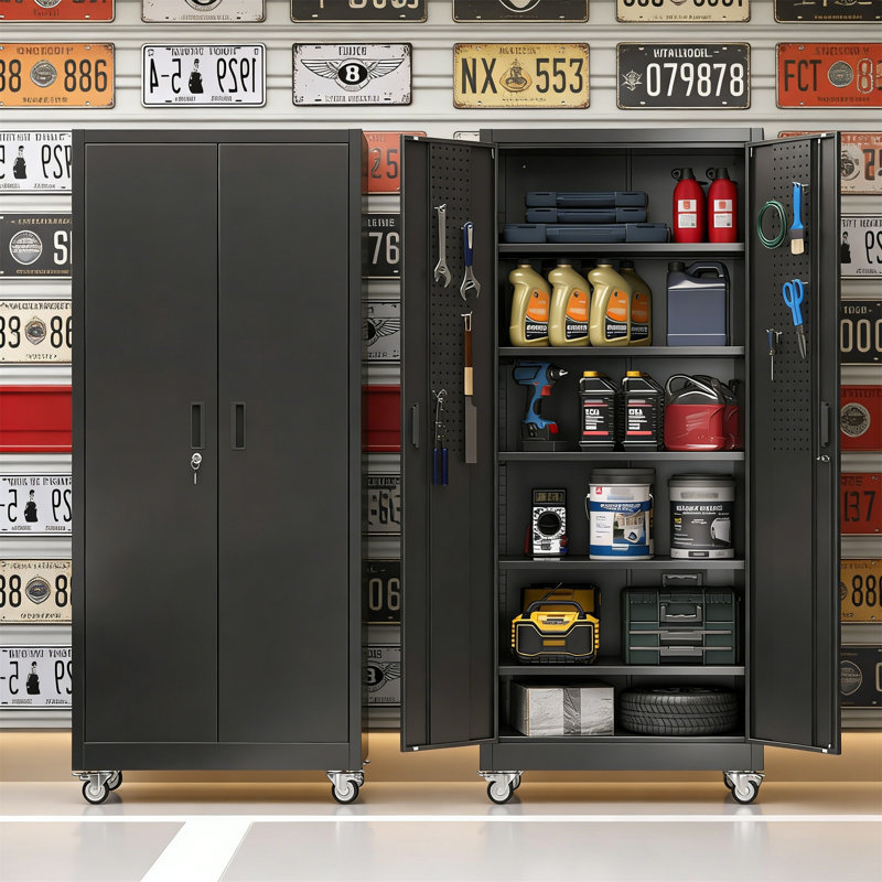 71" Metal Garage Cabinet W/ Pegboard & 5 Shelves, Magnetic Doors, Black, 71" H x 32" W x 16" D, Black