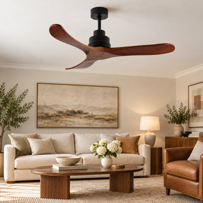 Ventilateur de plafond de 36 pouces sans lumière, pales en bois massif, fixation par tige pour plafond incliné ≤15 °, moteur CC réversible silencieux, télécommande avec 6 vitesses et minuterie, économie d'énergie pour la chambre à coucher, le salon