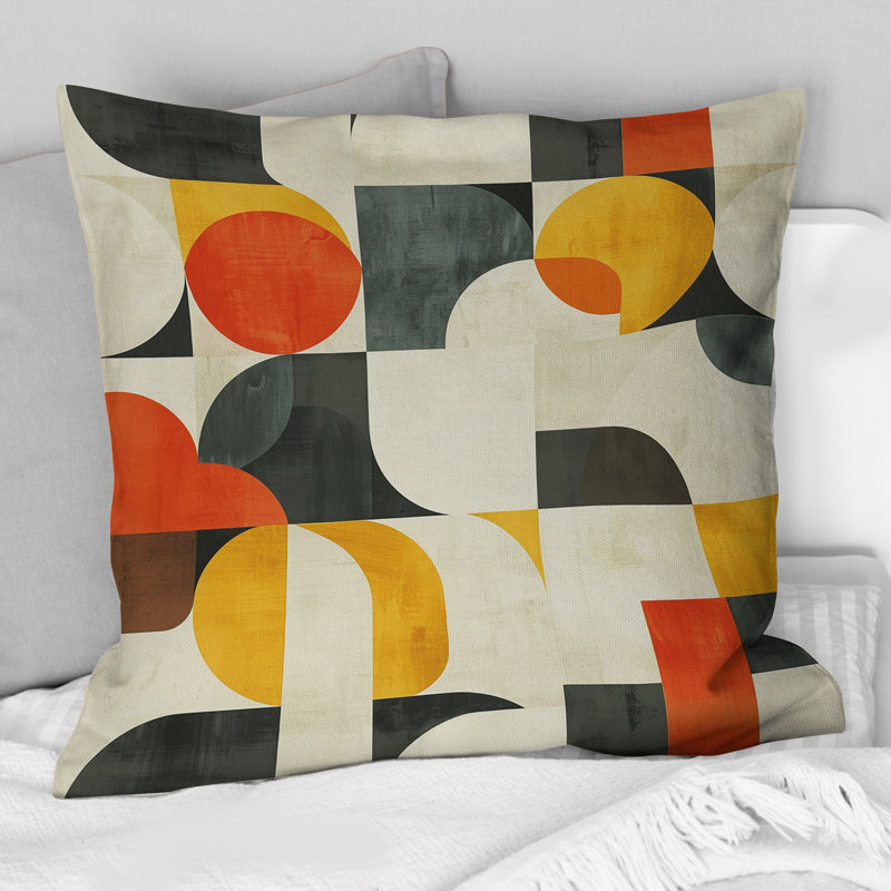 Coussin jaune et rouge à motif géométrique Midcentury, H 18 po x l 18 po