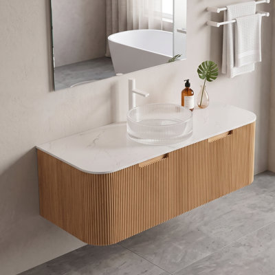 Meuble-lavabo mural 48 po en contreplaqué, couleur grain de bois naturel, armoire de rangement imperméable et anti-déformation avec bords arrondis et conception rayée, pré-assemblé, n'inclut pas le robinet ni les raccords de drain