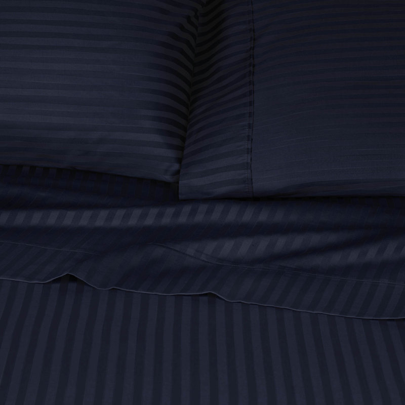Kinvara 400 Thread Count Certified Egyptian Cotton Blend Stripe Sheet Set, Queen, Navy Blue