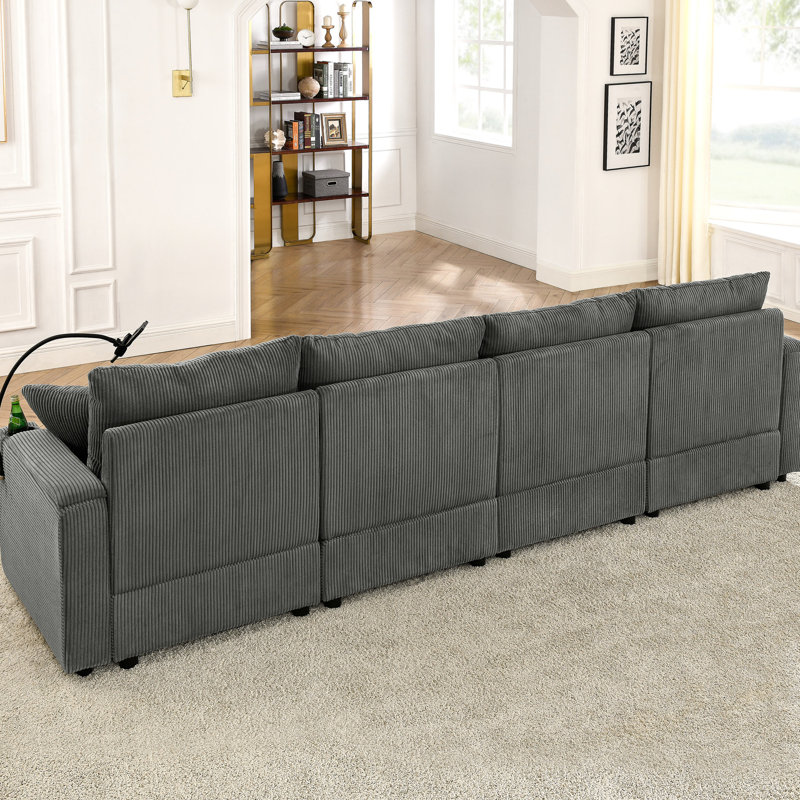 Chaise moderne avec rangement en L 4 velours côtelé gris pour porte-gobelets de salon et porte-téléphone, Gris