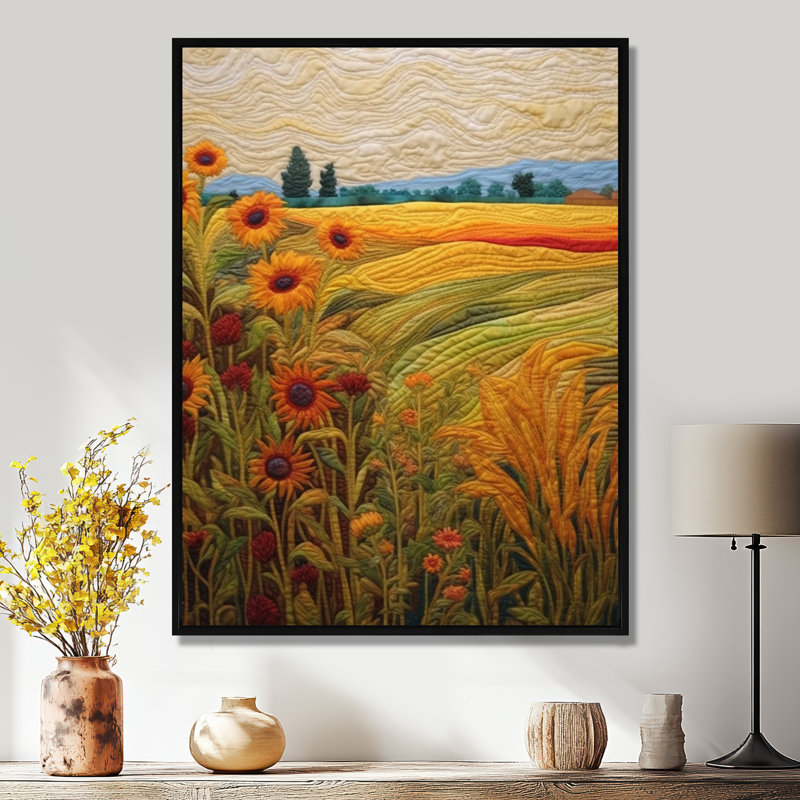 Tournesols près du pré vert - prairie, art mural, Toile avec cadre flottant noir, H 20 po x l 12 po x P 1 po