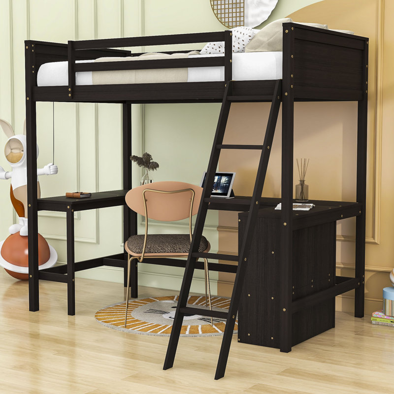 Kids Twin Loft Bed With Shelves and Desk, Espresso