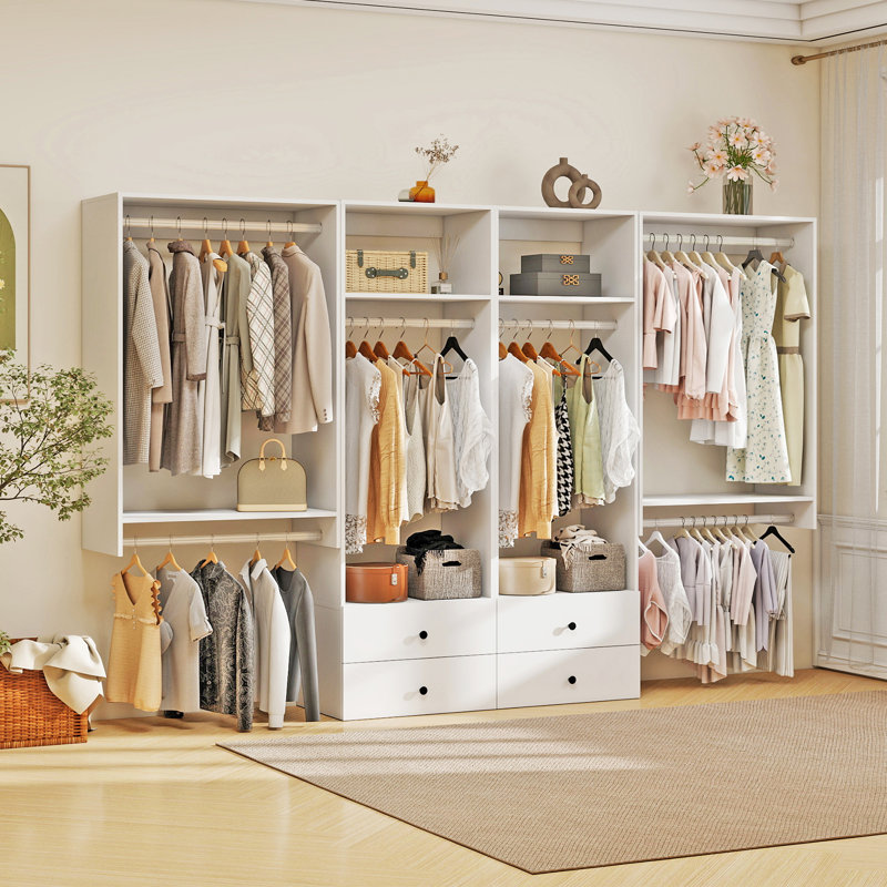 White Modular Closet Organizer System with 2 shelves 4 drawers and 6 rods