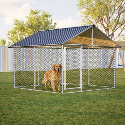 Chenil d'extérieur robuste 7,5 pi x 7,5 pi pour chiens de grande taille, cage en maille métallique résistante à la rouille avec toit en métal robuste, verrou sécuritaire et enclos en métal résistant aux intempéries