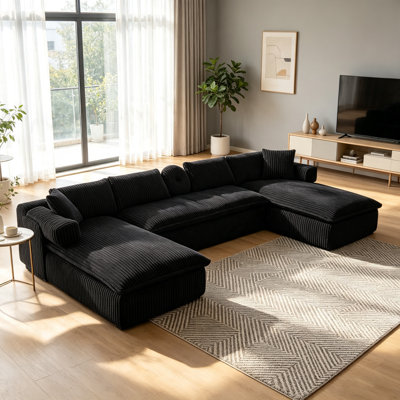 Canapé modulaire surdimensionné en U de 149 pouces de 149 pouces, conception convertible 7 en 1, canapé à 6 places à assise profonde avec accoudoirs roulés mobiles, revêtement en velours côtelé de polyester, poche de rangement latérale, aucun assemblage requis, noir