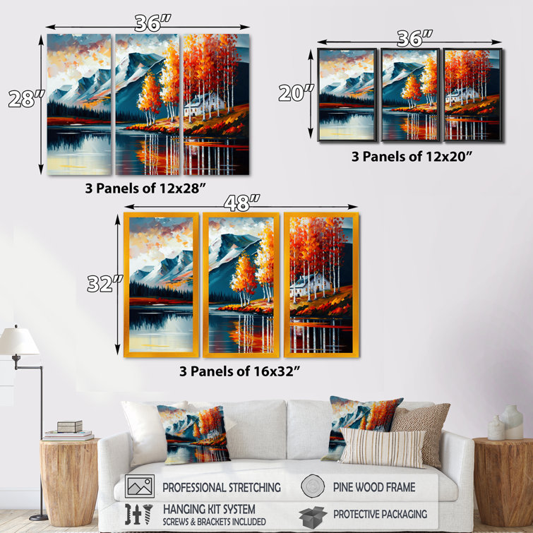 DesignArt Lake House Scenery In Fall V On Canvas 3 Pieces Print | Wayfair