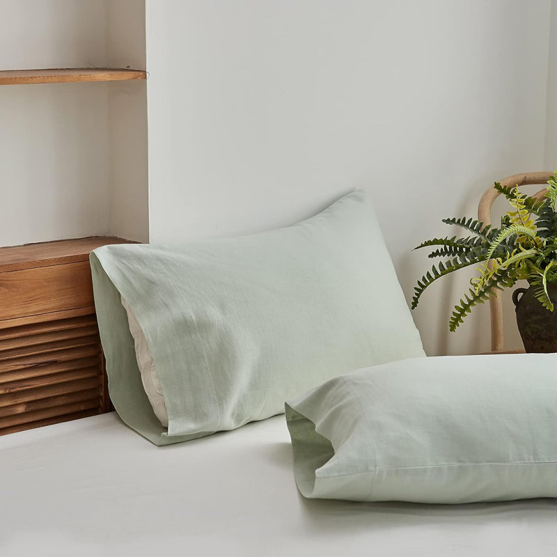 Ensemble de literie en lin belge, Ensemble de draps pour lit simple avec 1 taie d'or, Mint Green