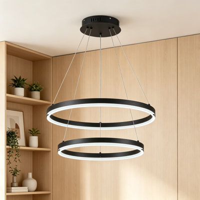 Modern LED Chandelier 2 Rings Black Circular Flush Mount Ceiling Light Dimmable Pendant Light with Remote Control for Dining Room Living Room Entrance Foyer, 3000K-6500K Adjustable Color Temperature