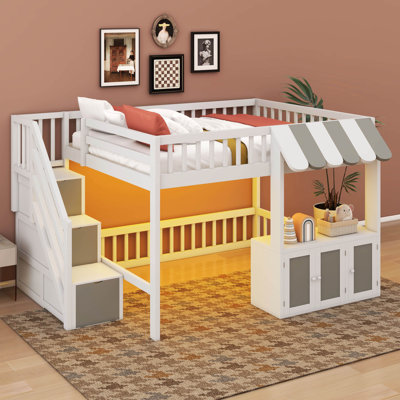 Lit mezzanine avec escalier de rangement à DEL, armoires, garde-corps, peu encombrant, pour chambre à coucher, aire de jeu, salle commune, espace multifonctionnel