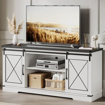 Meuble télé Farmhouse pour téléviseur de 65 pouces avec portes de grange coulissantes et tablette réglable, console de rangement multimédia et meubles de salon