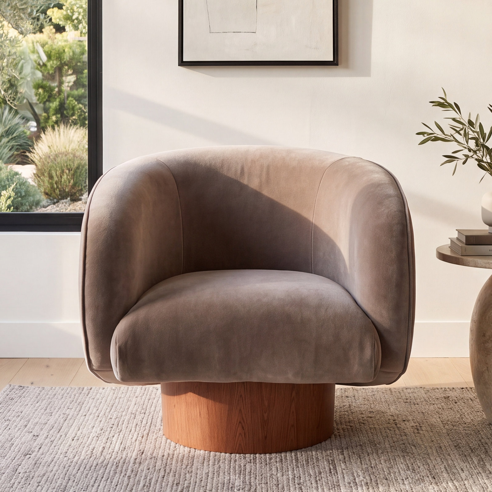 Oak Swivel Barrel Chair, Grey, Brown