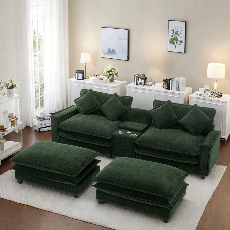 Sectional Sofa With 2 Removable Ottoman, 2 Usb Ports, 2 Cup Holders And Large Storage, Green Chenille