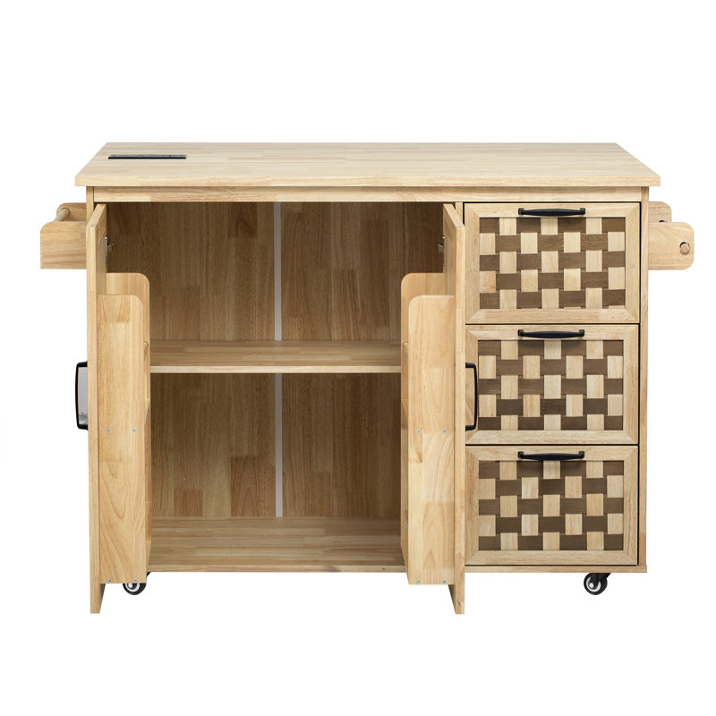 53.2"W 3D Woven Checkerboard Pattern Design Kitchen Island With Drop Leaf, Rolling Kitchen Island On Wheels With Internal Storage Rack, Power Outlet, Kitchen Cart With 3 Drawers 2 Cabinets, Nature