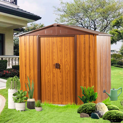 6 Ft. W X 6 Ft. D Metal Storage Shed Appealing Horizontal Siding  In Woodgrain With Coffee Trim To Complement