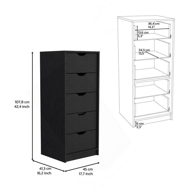 Dresser 42"H, 5 Drawers , Slim Storage Chest Of Drawers, Black, Black