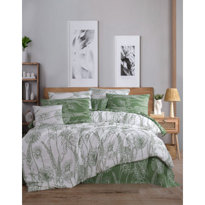 Ensemble de housse de couette 100% coton double Ranforce, blanc et vert, 78,7 po x 78,7 po | Comprend 2 taies d'oreiller de 19,7 po x 31,5 po | Doux, durable et lavable à la machine à 104 ° F | Parfait pour un décor de chambre à coucher confortable