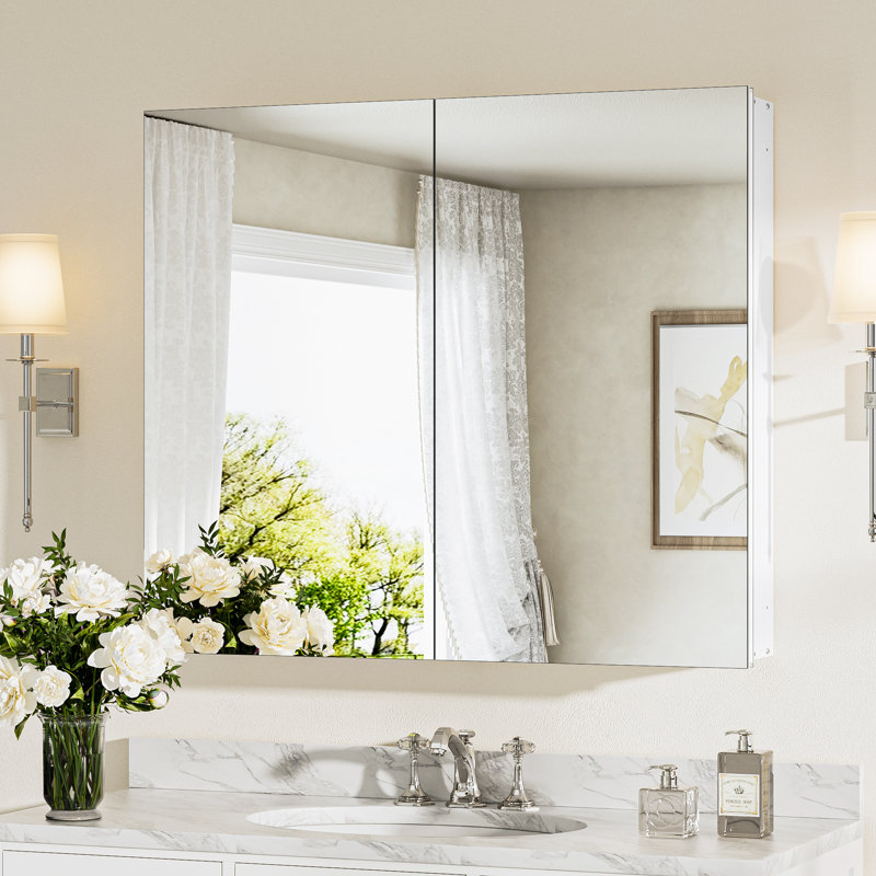 Husai Recessed or Surface Mount Aluminum Frameless Medicine Cabinet With Mirrored Door and Adjustable Shelves, White
