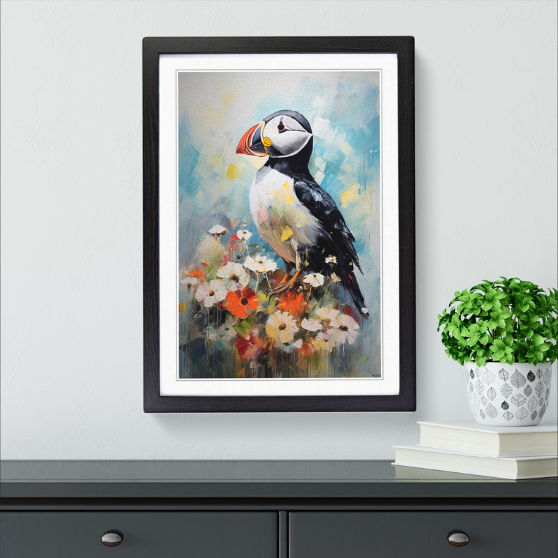 Puffin Impressionism - Single Picture Frame Print on Wood, Black Framed, 34cm H x 25cm W x 2cm D