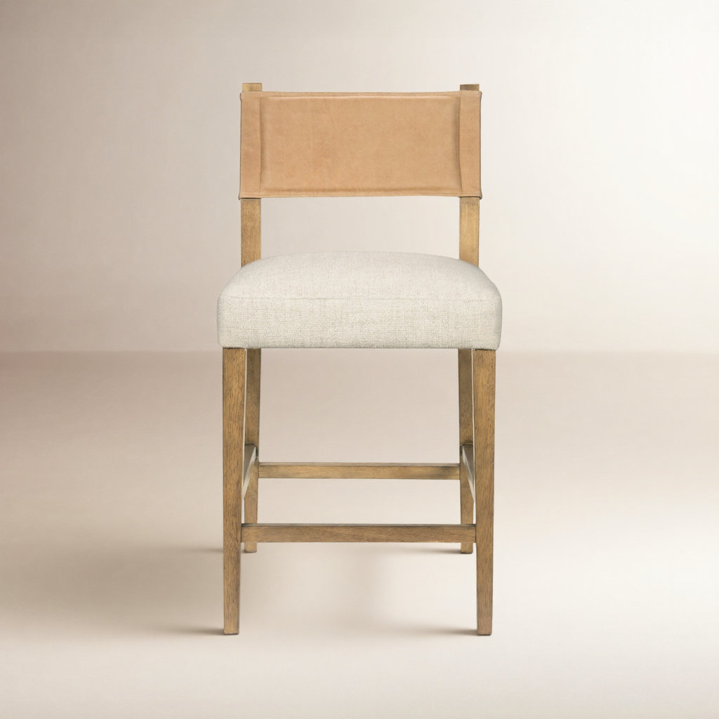 Lorretta " Bar Stool, Burnished Parawood, Thames Cream/Winchester Beige Poly Bend/Leather, Counter Stool (25.98" Seat Height)