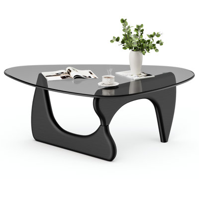 Modern Triangle Glass Coffee Table With Tempered Glass Top And Solid Wood Base, Mid-Century Living Room Center Table, Small Space Coffee Table by George Oliver