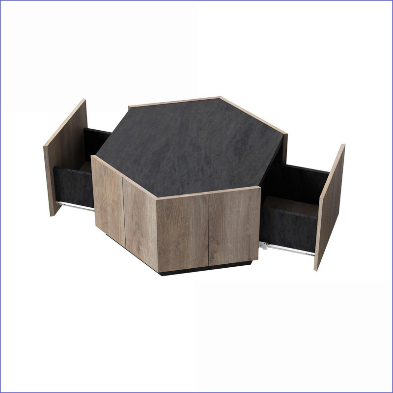 Table basse de jardin hexagonale industrielle avec 2 tiroirs, noir texturé Chêne chaud — Assemblage facile Résistant aux égratignures